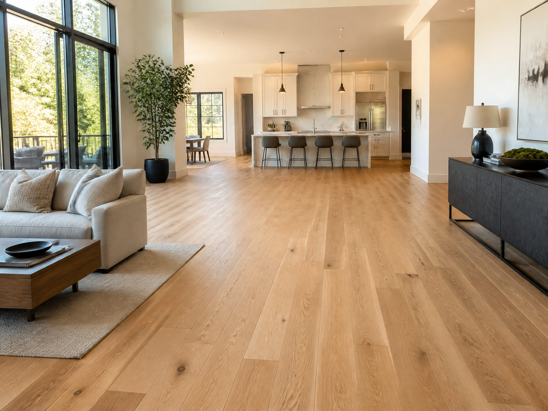 Bright living room with new light oak wide-plank flooring installed by Vancouver Flooring Co.